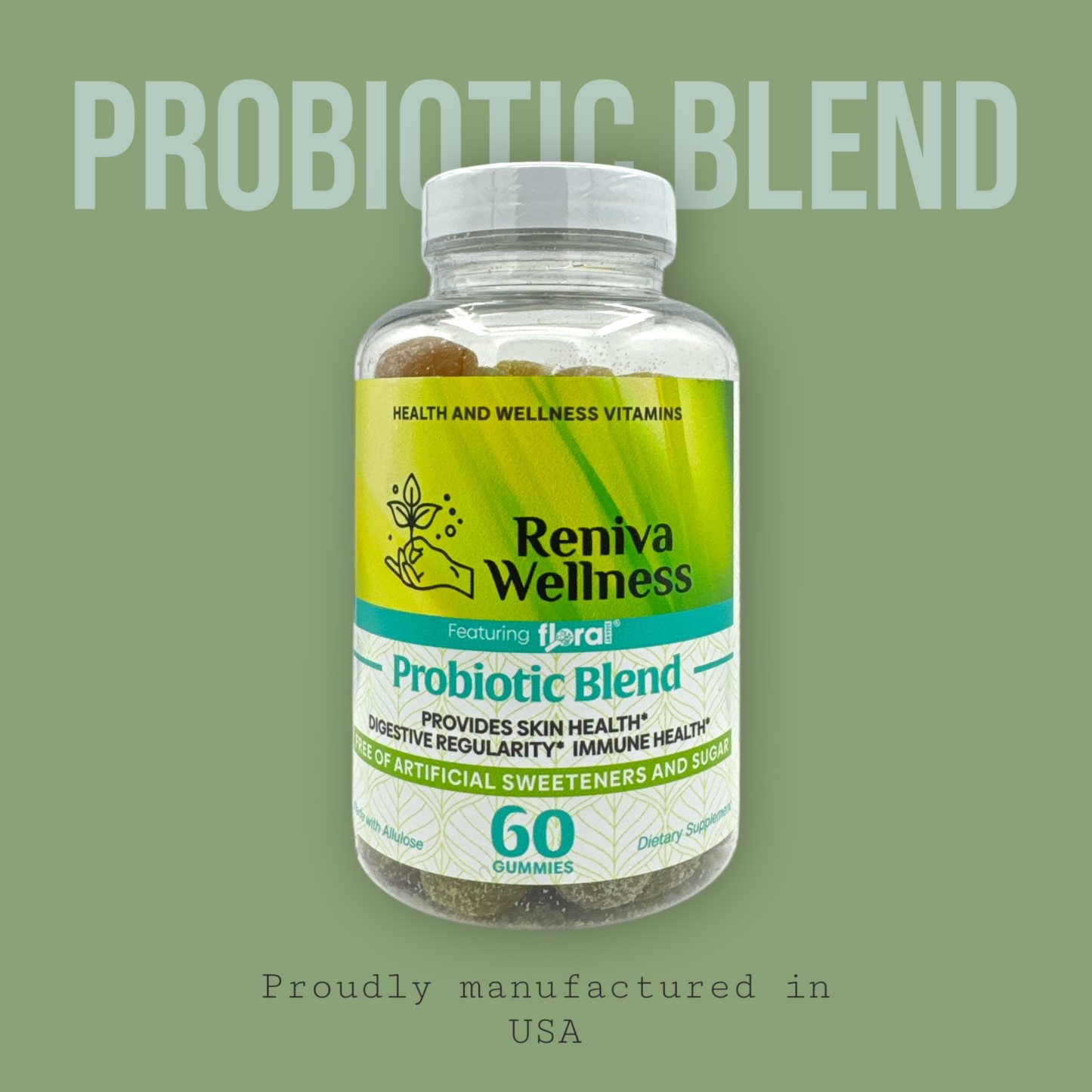 Reniva Wellness probiotic gummies bottle – sugar-free gut health supplement