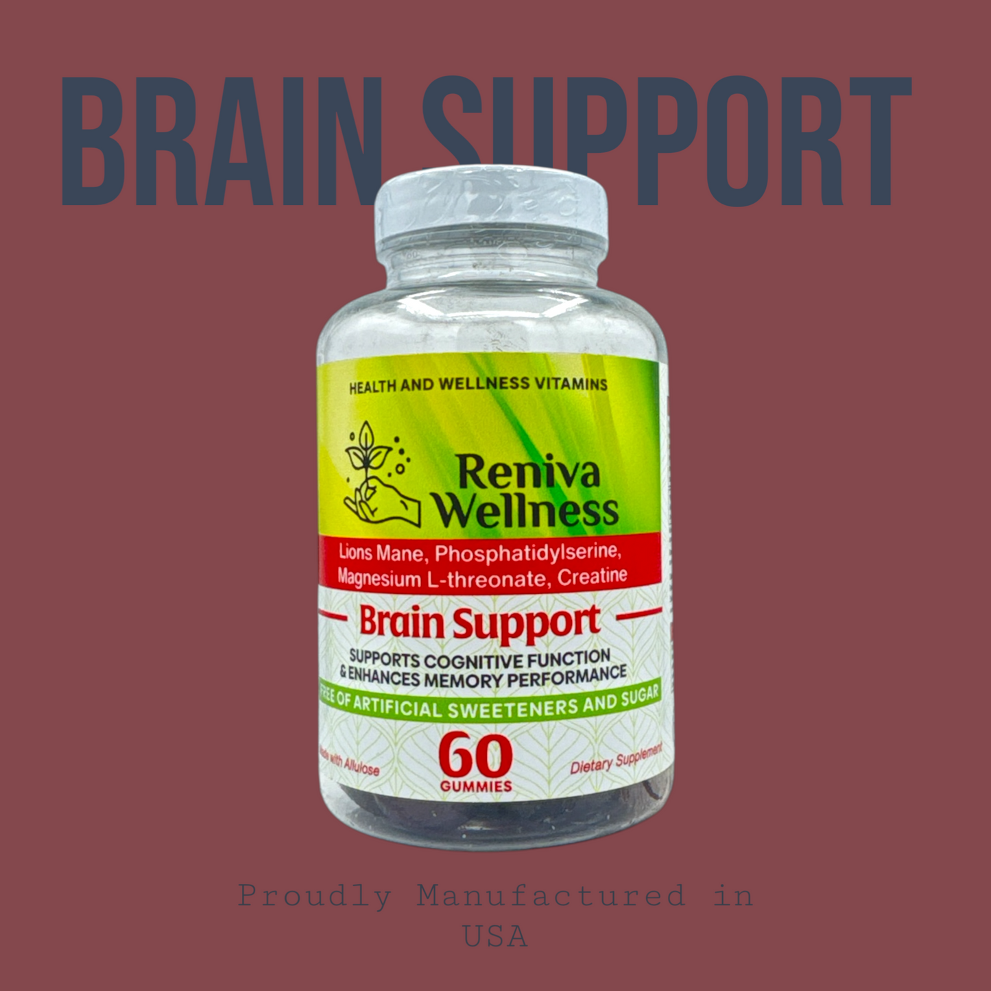 Reniva Wellness Brain Support Gummies – Lion’s Mane, Magnesium L-Threonate, Phosphatidylserine & Creatine – 60 Sugar-Free Gummies