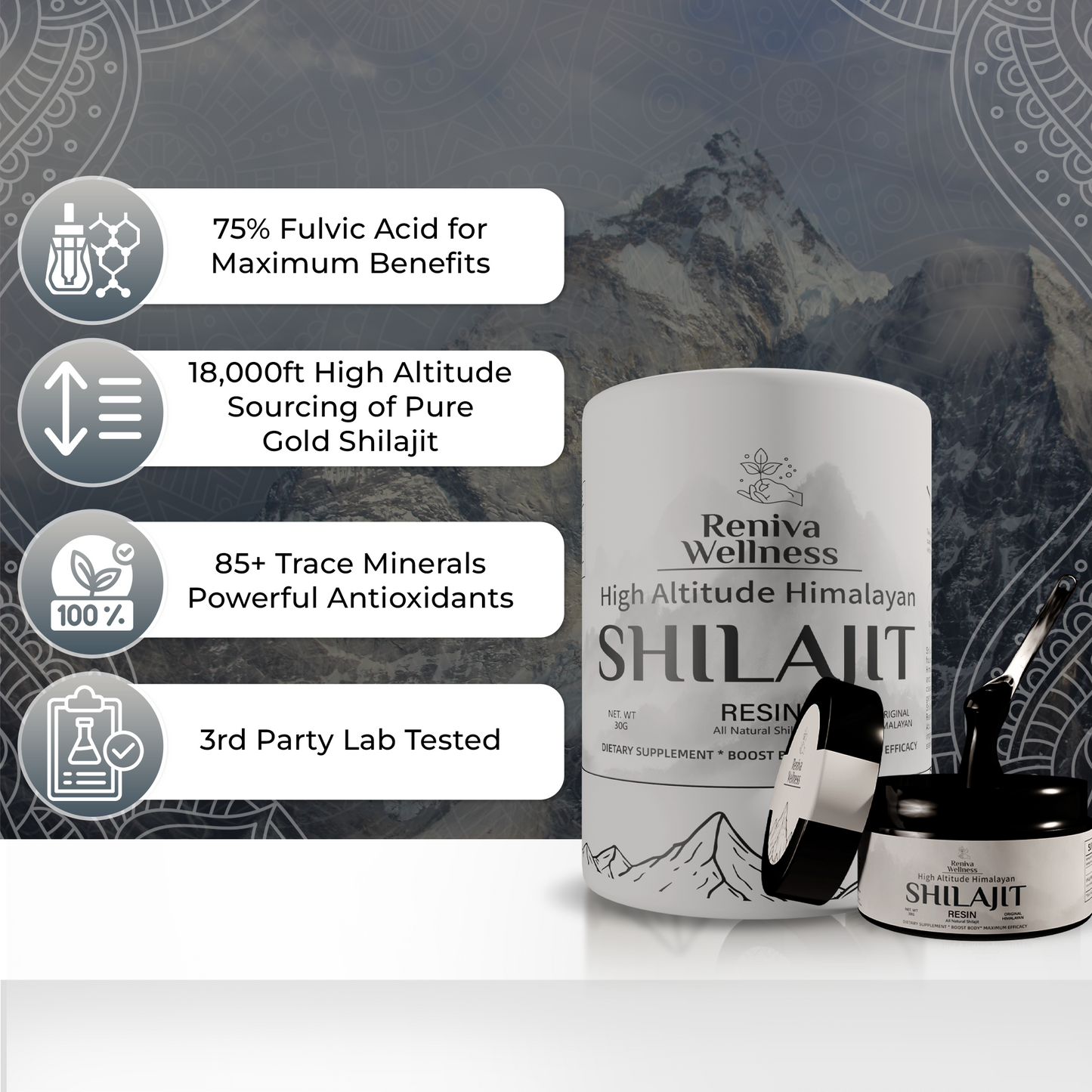 RENIVA Wellness Shilajit resin providing antioxidant benefits to reduce oxidative stress and improve well-being