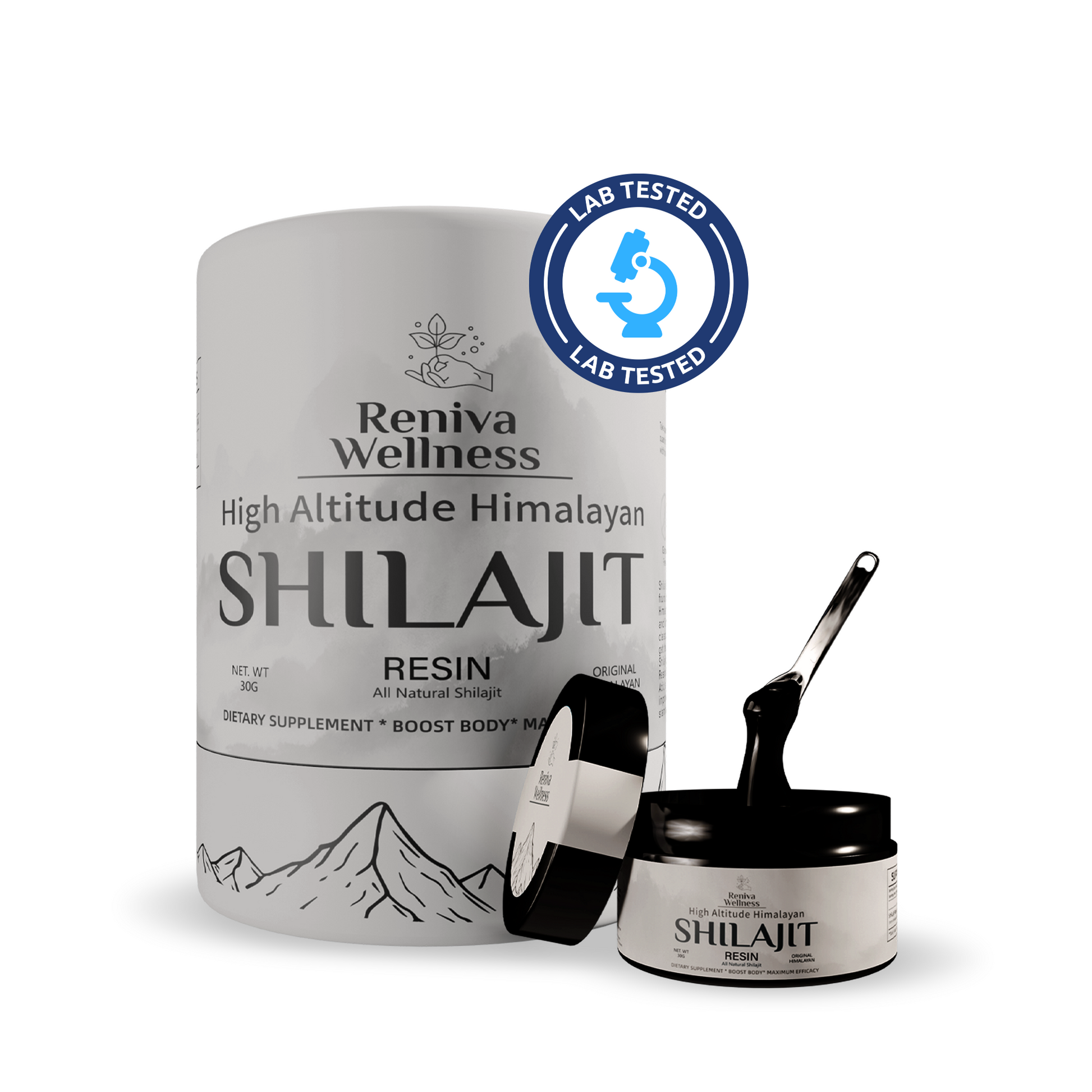RENIVA Wellness Shilajit resin jar, a natural supplement for energy, vitality, and testosterone support